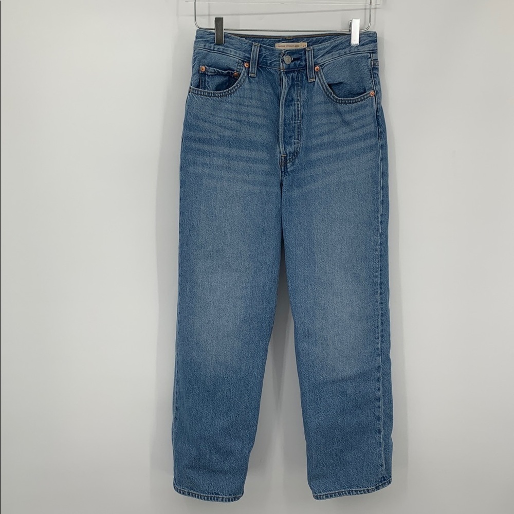 Levis ribcage straight ankle high waist jeans denim wide leg blue button fly 27